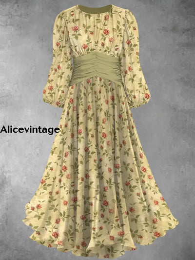 Retro Floral Print Elegant Chic Round Neck 3/4 Sleeve Midi Dress A / S