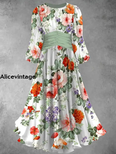 Retro Floral Print Elegant Chic Round Neck Long Sleeve Midi Dress A / S