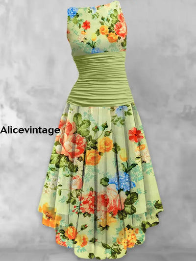 Retro Floral Print Elegant Chic Sleeveless Midi Dress A / S