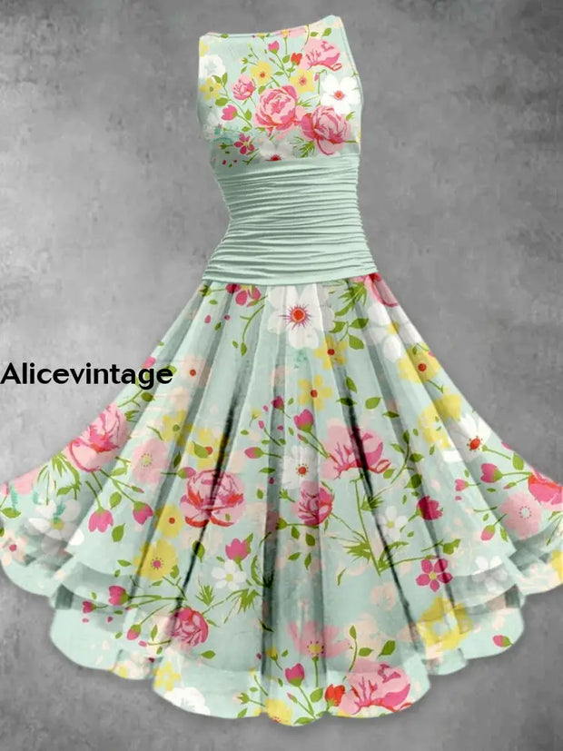 Retro Floral Print Elegant Chic Sleeveless Multilayer Midi Dress A / S