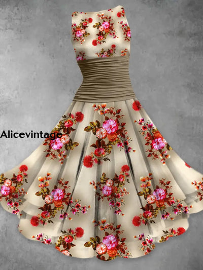 Retro Floral Print Elegant Chic Sleeveless Multilayer Midi Dress A / S