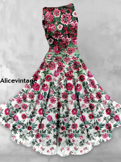 Retro Floral Print Elegant Chic Sleeveless Multilayer Midi Dress A / S