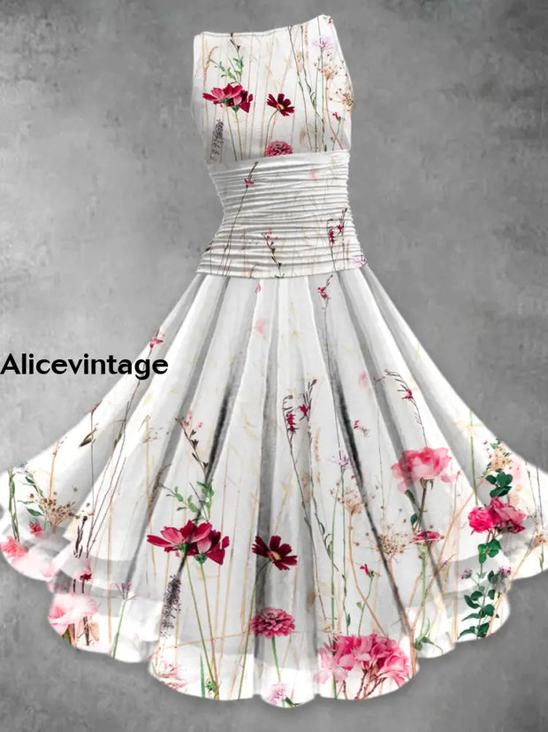 Retro Floral Print Elegant Chic Sleeveless Multilayer Midi Dress A / S