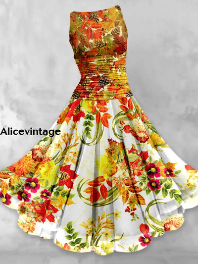 Retro Floral Print Elegant Chic Sleeveless Multilayer Midi Dress A / S