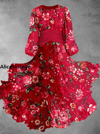 Retro Floral Print Elegant Round Neck Long Sleeve Midi Dress A / S