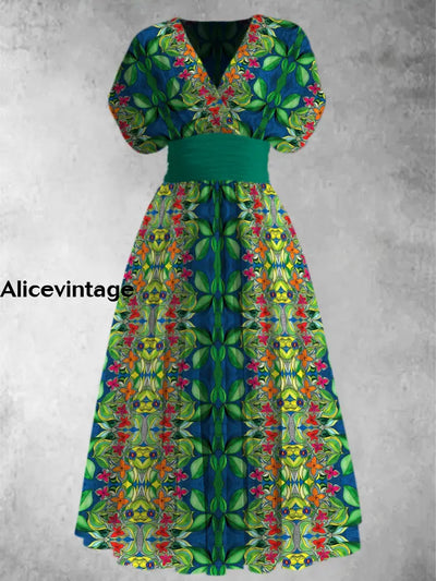 Retro Floral Print Elegant V-Neck Chic Short Sleeve Maxi Dress A / S