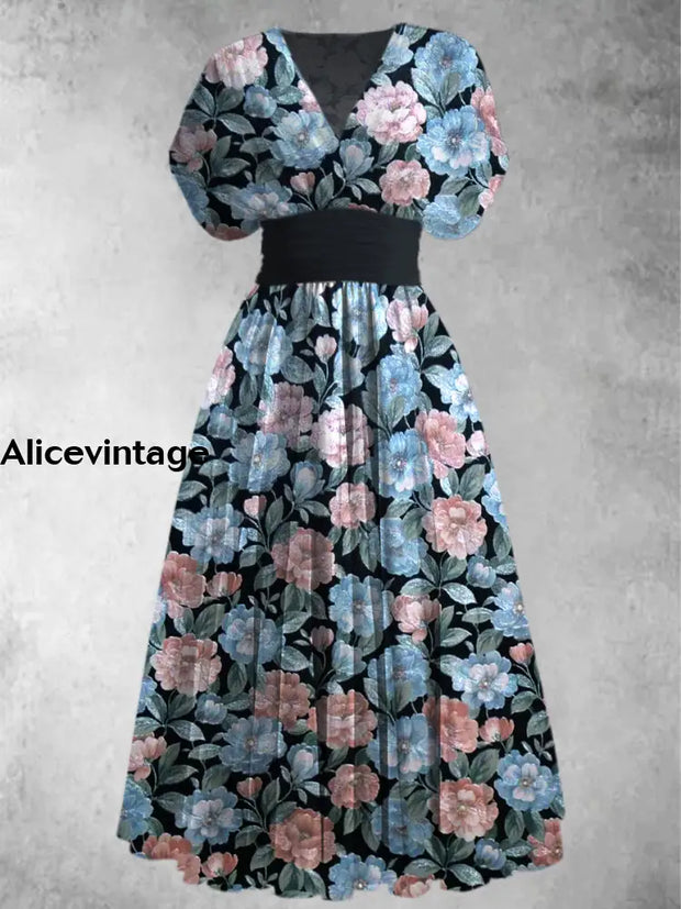 Retro Floral Print Elegant V-Neck Chic Short Sleeve Maxi Dress A / S