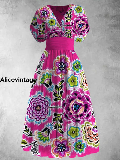 Retro Floral Print Elegant V-Neck Chic Short Sleeve Maxi Dress A / S