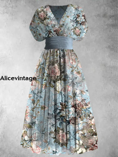 Retro Floral Print Elegant V-Neck Chic Short Sleeve Maxi Dress A / S