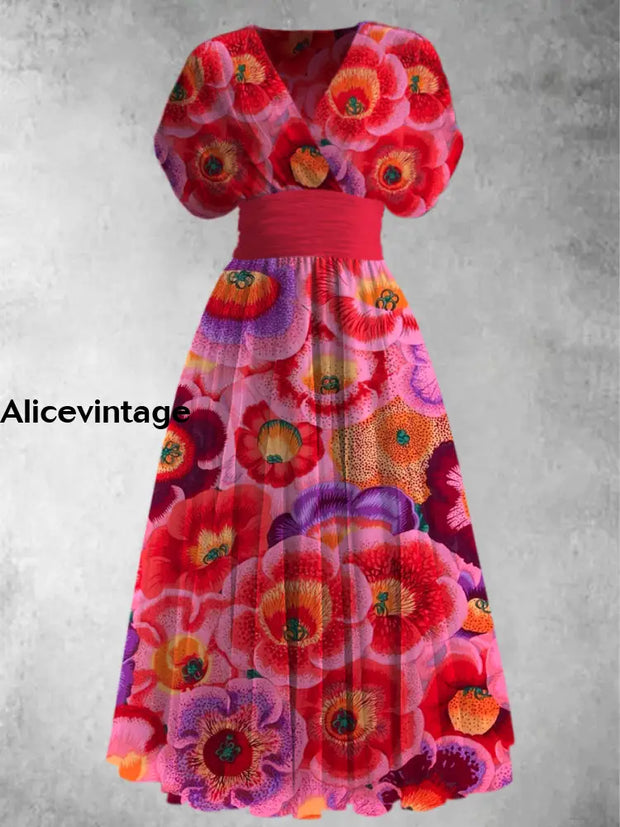 Retro Floral Print Elegant V-Neck Chic Short Sleeve Maxi Dress A / S