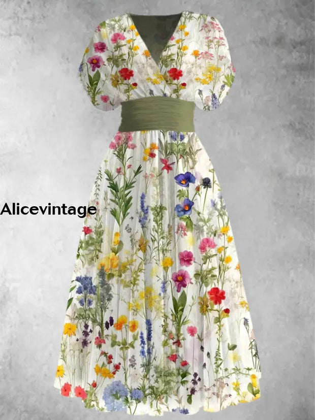 Retro Floral Print Elegant V-Neck Chic Short Sleeve Maxi Dress A / S