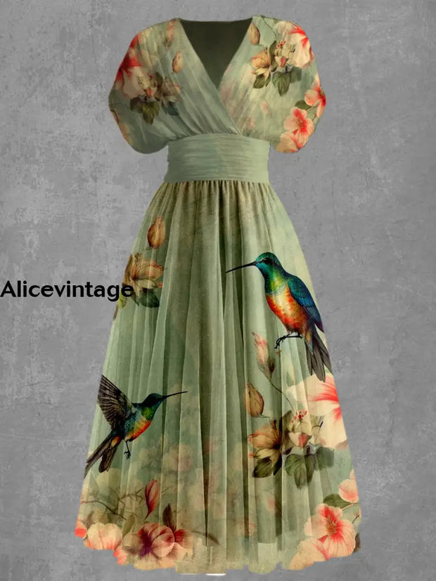 Retro Floral Print Elegant V-Neck Chic Short Sleeve Maxi Dress A / S