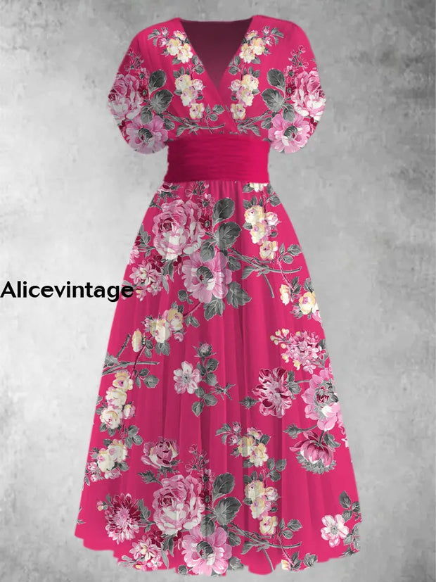 Retro Floral Print Elegant V-Neck Chic Short Sleeve Maxi Dress A / S