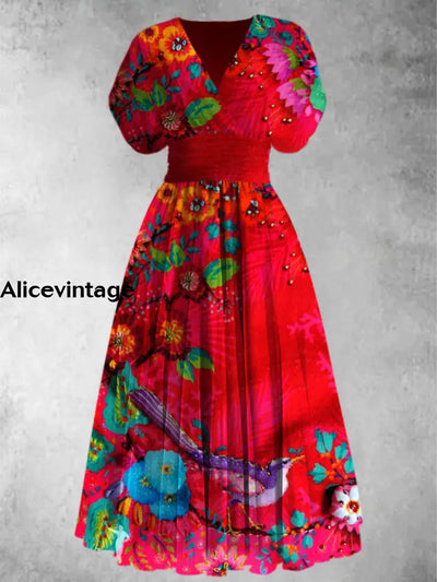 Retro Floral Print Elegant V-Neck Chic Short Sleeve Maxi Dress A / S