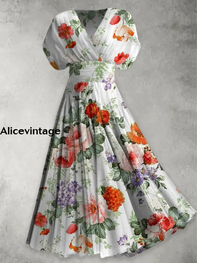 Retro Floral Print Elegant V-Neck Chic Short Sleeve Maxi Dress A / S