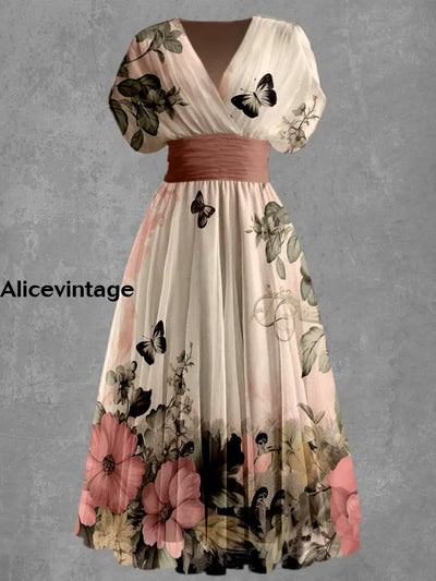 Retro Floral Print Elegant V-Neck Chic Short Sleeve Maxi Dress A / S