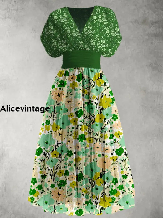 Retro Floral Print Elegant V-Neck Chic Short Sleeve Maxi Dress A / S