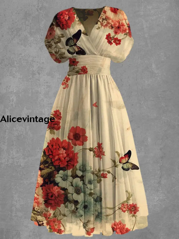 Retro Floral Print Elegant V-Neck Chic Short Sleeve Maxi Dress A / S