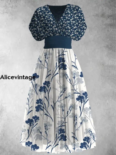 Retro Floral Print Elegant V-Neck Chic Short Sleeve Maxi Dress A / S