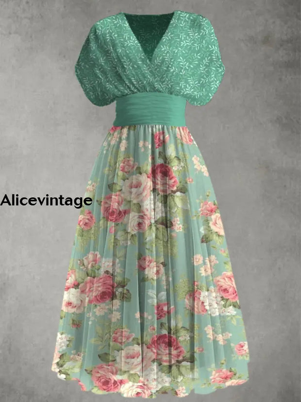 Retro Floral Print Elegant V-Neck Chic Short Sleeve Maxi Dress A / S