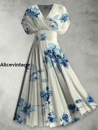 Retro Floral Print Elegant V-Neck Chic Short Sleeve Maxi Dress A / S