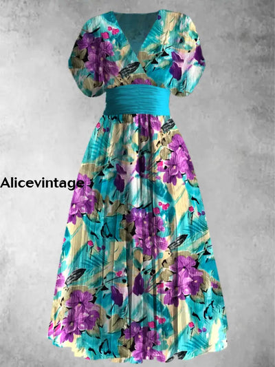 Retro Floral Print Elegant V-Neck Chic Short Sleeve Maxi Dress A / S