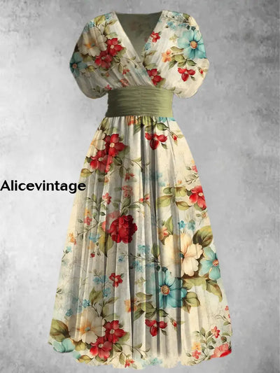 Retro Floral Print Elegant V-Neck Chic Short Sleeve Maxi Dress A / S