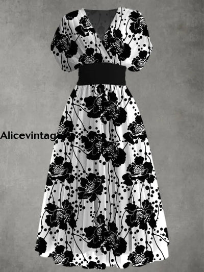 Retro Floral Print Elegant V-Neck Chic Short Sleeve Maxi Dress A / S