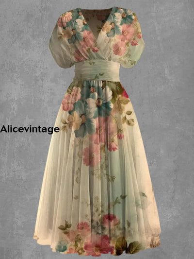 Retro Floral Print Elegant V-Neck Chic Short Sleeve Maxi Dress A / S