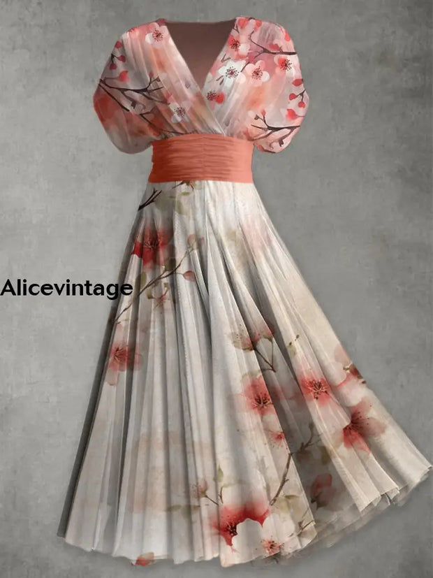 Retro Floral Print Elegant V-Neck Chic Short Sleeve Maxi Dress A / S