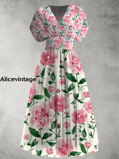 Retro Floral Print Elegant V-Neck Chic Short Sleeve Maxi Dress A / S