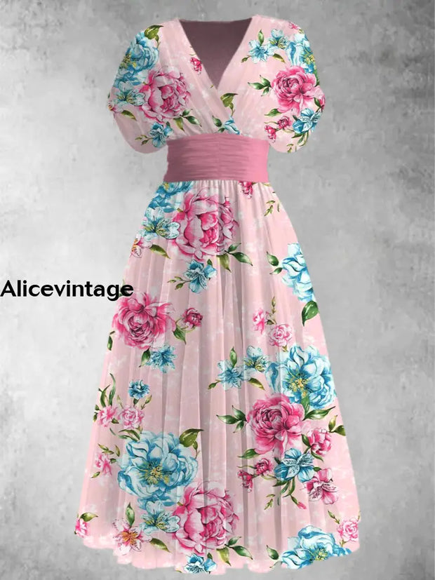 Retro Floral Print Elegant V-Neck Chic Short Sleeve Maxi Dress A / S