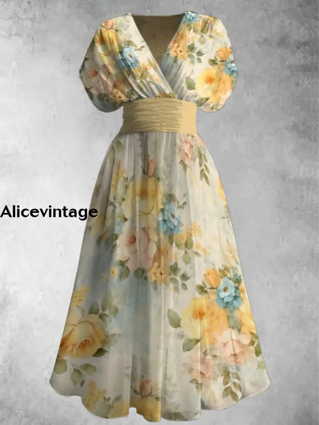 Retro Floral Print Elegant V-Neck Chic Short Sleeve Maxi Dress A / S