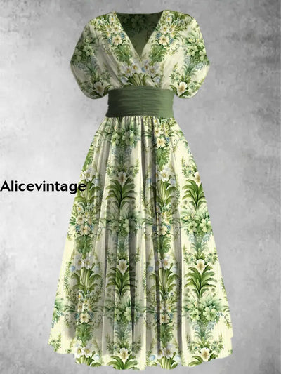 Retro Floral Print Elegant V-Neck Chic Short Sleeve Maxi Dress A / S