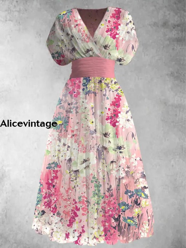 Retro Floral Print Elegant V-Neck Chic Short Sleeve Maxi Dress A / S