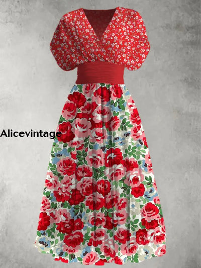 Retro Floral Print Elegant V-Neck Chic Short Sleeve Maxi Dress A / S