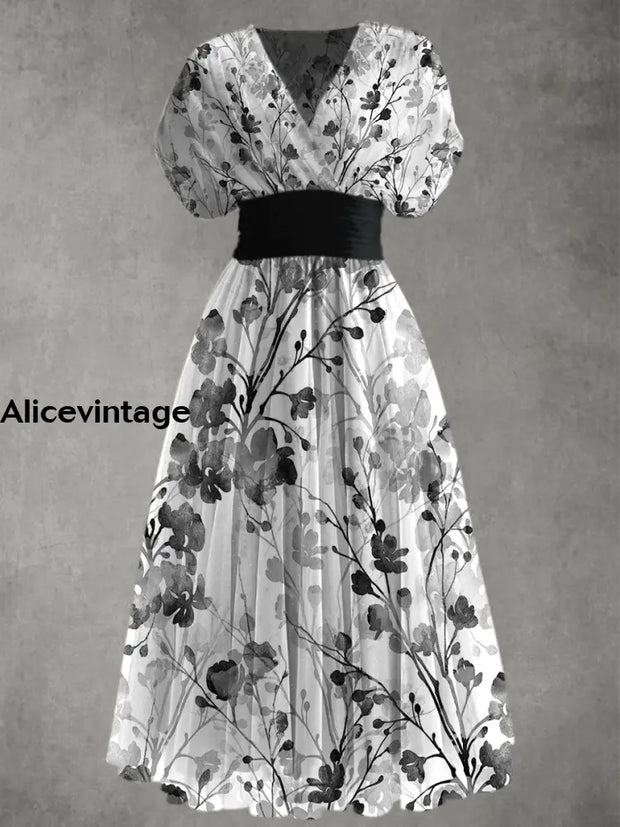 Retro Floral Print Elegant V-Neck Chic Short Sleeve Maxi Dress A / S