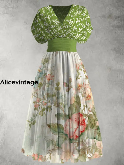 Retro Floral Print Elegant V-Neck Chic Short Sleeve Maxi Dress A / S