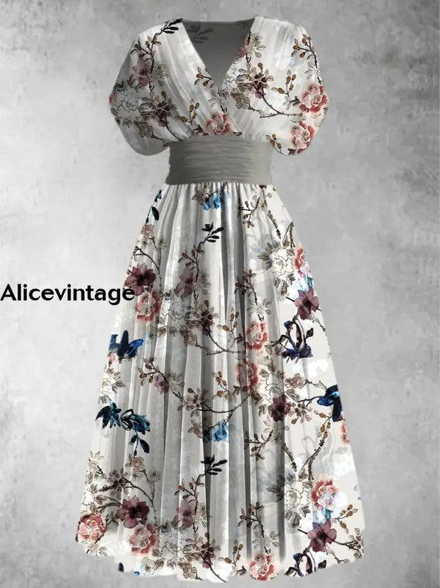 Retro Floral Print Elegant V-Neck Chic Short Sleeve Maxi Dress A / S