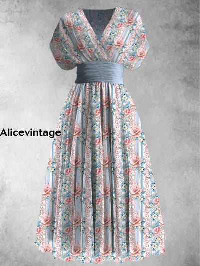 Retro Floral Print Elegant V-Neck Chic Short Sleeve Maxi Dress A / S