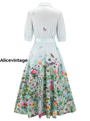 Retro Floral Print Half Sleeve Midi Shirt Dress