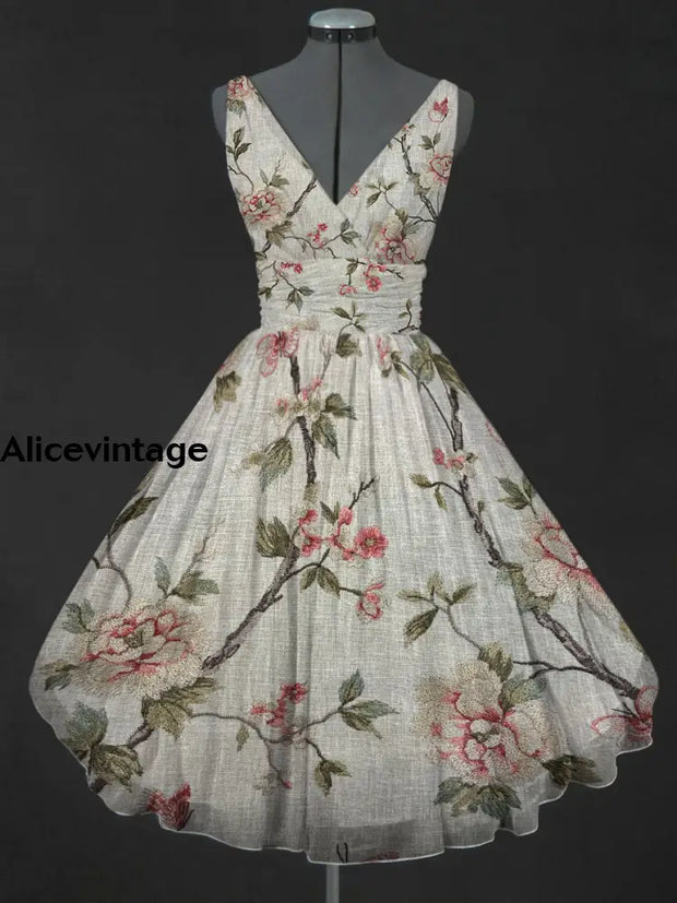 Retro Floral Print V-Neck 50’S Fashion Sleeveless Midi Dress A / S