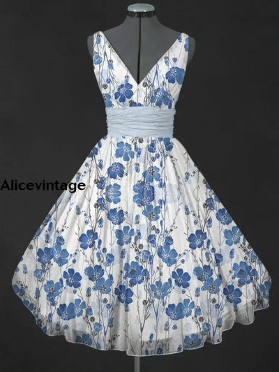 Retro Floral Print V-Neck 50’S Fashion Sleeveless Midi Dress A / S