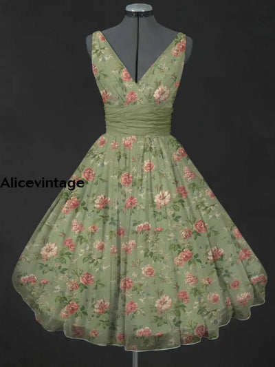 Retro Floral Print V-Neck 50’S Fashion Sleeveless Midi Dress A / S