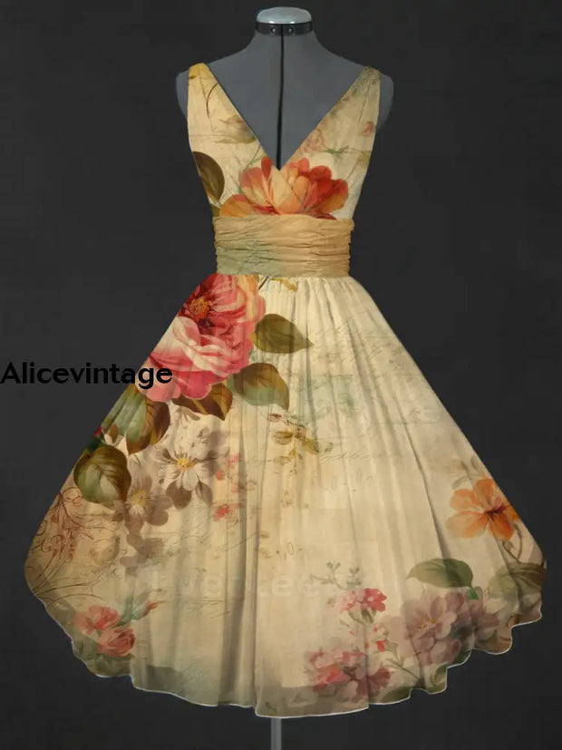 Retro Floral Print V-Neck 50’S Fashion Sleeveless Midi Dress A / S