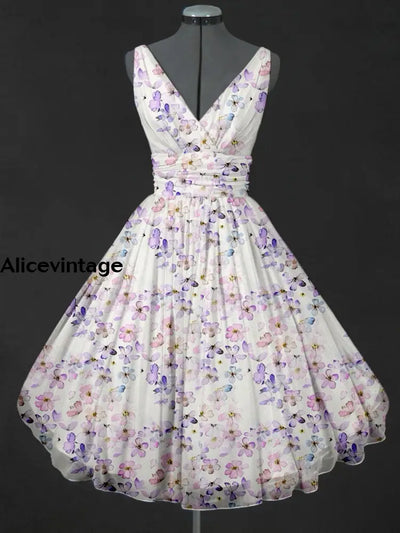 Retro Floral Print V-Neck 50’S Fashion Sleeveless Midi Dress A / S