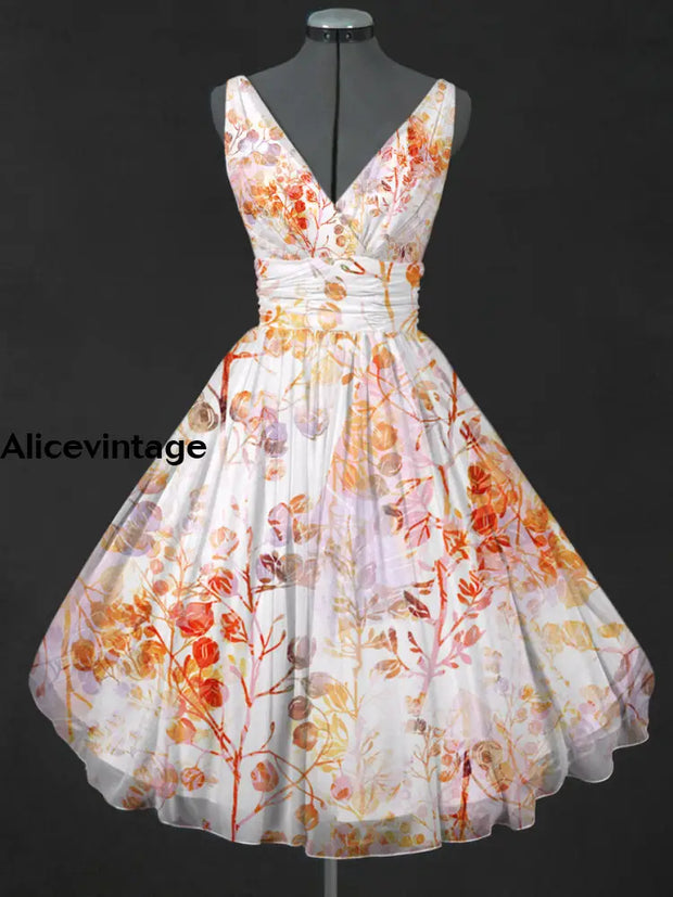 Retro Floral Print V-Neck 50’S Fashion Sleeveless Midi Dress A / S