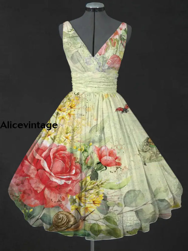 Retro Floral Print V-Neck 50’S Fashion Sleeveless Midi Dress A / S