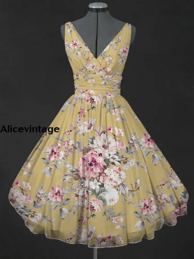 Retro Floral Print V-Neck 50’S Fashion Sleeveless Multilayer Midi Dress A / S