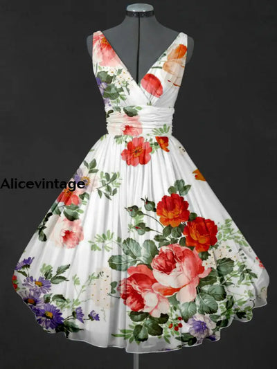 Retro Floral Print V-Neck 50’S Sleeveless Midi Dress A / S